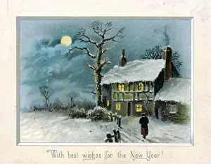 Rural snow scene with cottage on a New Year card