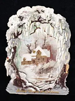 Rural snow scene with country house on a Christmas card