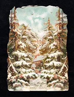 Dimensional Prints: Rural snow scene with trees on a Christmas card