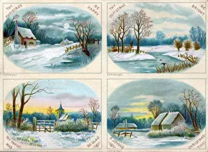 Four rural snow scenes on a Christmas postcard