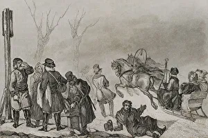 Sleigh Prints: Russia. People on skates and on a horse drawn sleigh