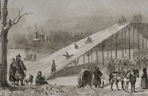 Sleigh Prints: Russia, Roller coaster. Ice slides. Engraving, 19th century