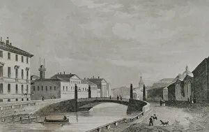 Urbanism Prints: Russia, Saint Petersburg. Red Bridge. Engraving
