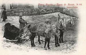Russia, Troika Driver with his three horse team and sleigh