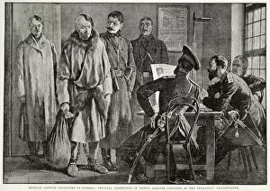 Russian convict in Siberia. Official inspecting new convicts at the Perasilny