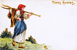 Countrywoman Prints: Russian Countrywoman with pitchfork and red headscarf