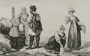 Russian peasants. Engraving, 19th century