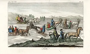 Glacier Gallery: Russian people on horse-driven sleighs on a glacier