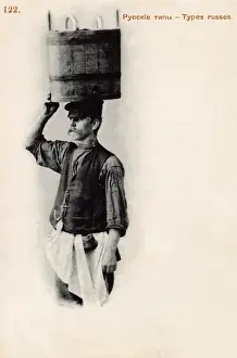 Balanced Prints: Russian porter with a large wooden bucket on his head