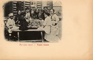 Russian Rural family gather around the Samovar