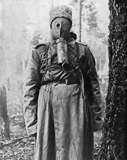 Belt Prints: Russian soldier in gas mask, eastern front, Russia, WW1