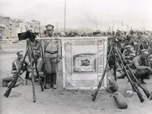 Regimental Prints: Russian soldiers with regimental colour, Salonika, WW1