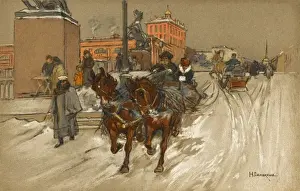 A russian town scene with horse sleigh