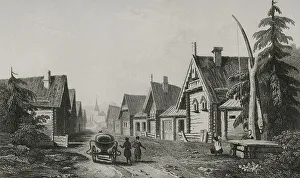Pannier Prints: Russian village. Engraving, 19th century