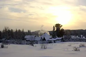 Villages Prints: Russian village at midwinter sunset
