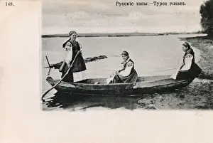 Countryfolk Prints: Three Russian women in traditional costume off boating