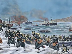 Korea Prints: Russo-Japanese War (1904-1905). Landing of Japanese troops i