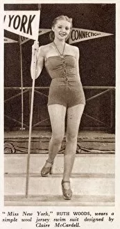 Images Dated 11th June 2020: Ruth Woods wears a simple wool jersey swim suit designed by Claire McCardell at a fashion