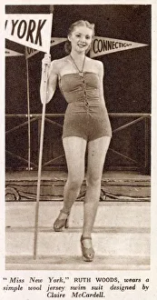 Ruth Woods wears a simple wool jersey swim suit designed by Claire McCardell at a fashion Ruth Woods wears a simple wool jersey swim suit designed by Claire McCardell at a fashion