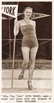 Ruth Woods wears a simple wool jersey swim suit designed by Claire McCardell at a fashion