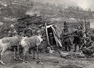 Lapps Prints: Saami indigenous family with reindeer probably Norway