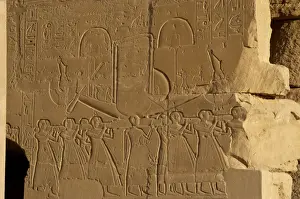Barque Prints: Sacred solar boat carried by priests. Relief. Ramesseum. Egy