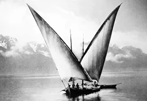 Barque Prints: Sailing barge near Montreux Switzerland in the 1880s