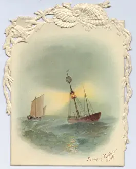 Edges Prints: Sailing boat and lightship on a New Year card