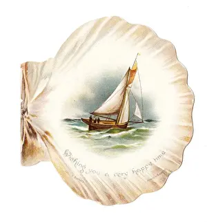 Sailing boat on a shell-shaped greetings card