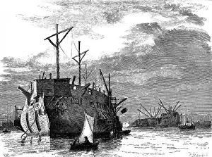Sailing Dinghy and some Hulks, Britain, c. 1877