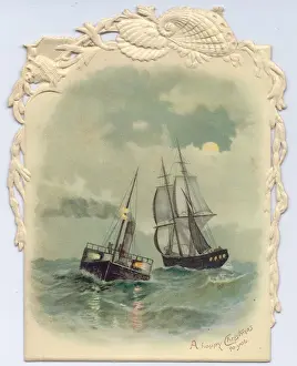 Edges Prints: Sailing ship and lightship on a Christmas card