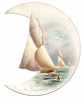 Images Dated 16th November 2015: Sailing ships on a crescent-shaped Christmas card