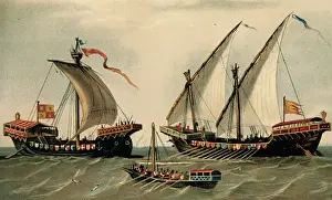 Sailboats Prints: Sailing vessels. History. 16th century. Engraving colored. L