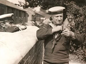 Shotley Collection: Sailor of HMS Ganges with monkey mascot, WW1