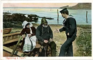 Sailor spinning a yarn to fisherman and fisherwoman