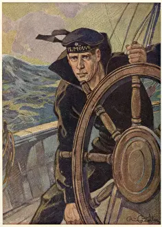 Sailor at the wheel of a German naval vessel during World War One. Date: 1915