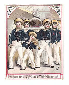 Puddings Gallery: Sailors on board ship on a Christmas card
