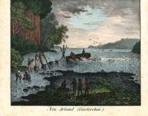 Sailors filling a boat with barrels of water on New Ireland