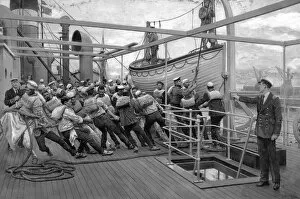 Haul Gallery: Sailors hauling a boat onto the deck of a ship, WW1