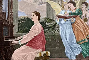 Soiree Prints: Saint Cecilia (d. 232). The Evening. Engraving. Colored