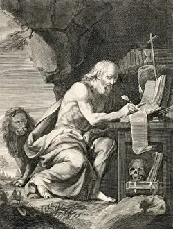 Saint Jerome, theologian, writing in his cell