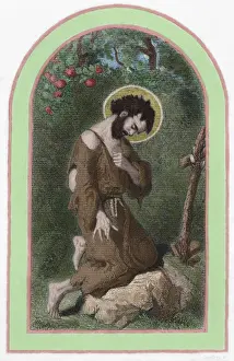 Barefooted Prints: Saint Marian. Engraving. Colored