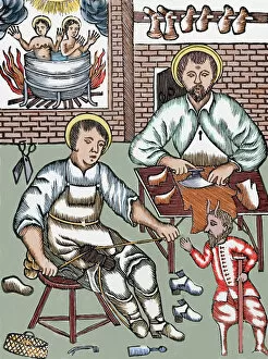 Laborer Collection: Two Saints make shoes being tempted by the devil. Colored wo