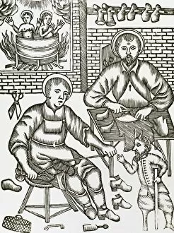 Hell Gallery: Two Saints make shoes being tempted by the devil. Engraving
