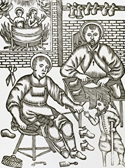 Artisan Collection: Two Saints make shoes being tempted by the devil. Engraving