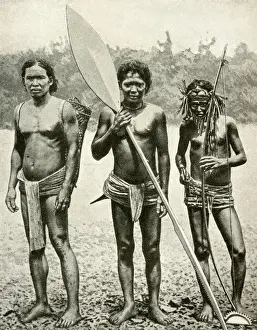 Malaysia Prints: Three Sakai tribesmen, Malay States, South East Asia