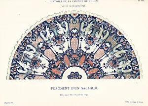 Earthenware Prints: Part of a salad bowl in blue and red, festoon style, Rouen
