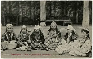 Headwear Prints: Samarkand, Uzbekistan - Children seated with Chillum and tea