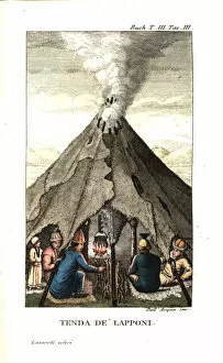 Sami people or Lapplanders in a tent made of sail and stakes