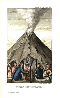 Sami people or Lapplanders in a tent made of sail and stakes Sami people or Lapplanders in a tent made of sail and stakes